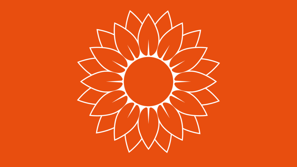 kuvituskuvana Salpauksen oranssilla pohjalla yksinkertainen auringonkukka osoittamassa tukea Ukrainaan.